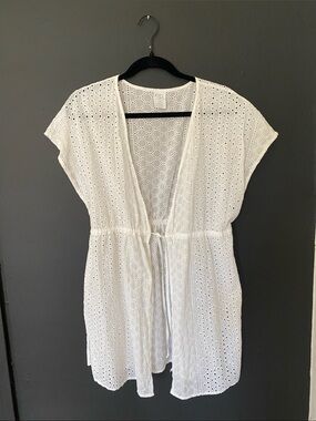 Kona Sol White Eyelet V-Neck Swim Cover-Up with Drawstring